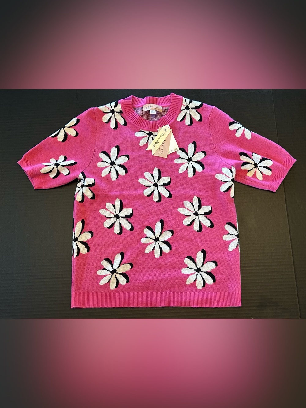 Philosophy Pink Floral Short Sleeve Crewneck Pullover Women's Sweater Large NEW